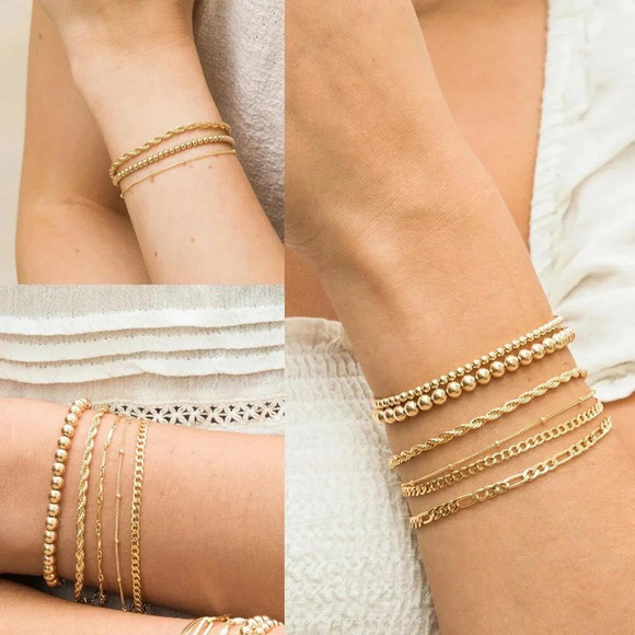 ❤️Women Gold Dainty Trendy Bracelets Set Paperclip,  Rope, Mirror, Satellite - Picture 5 of 8